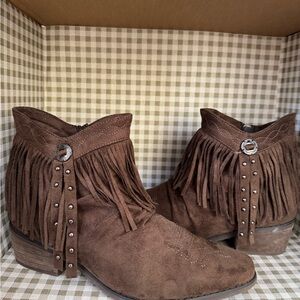 Roper Brown Suede Fringe Ankle Boots with Stud Accents